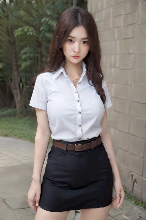 <lora:thai_university_uniform:0.6>, brown belt, big tits