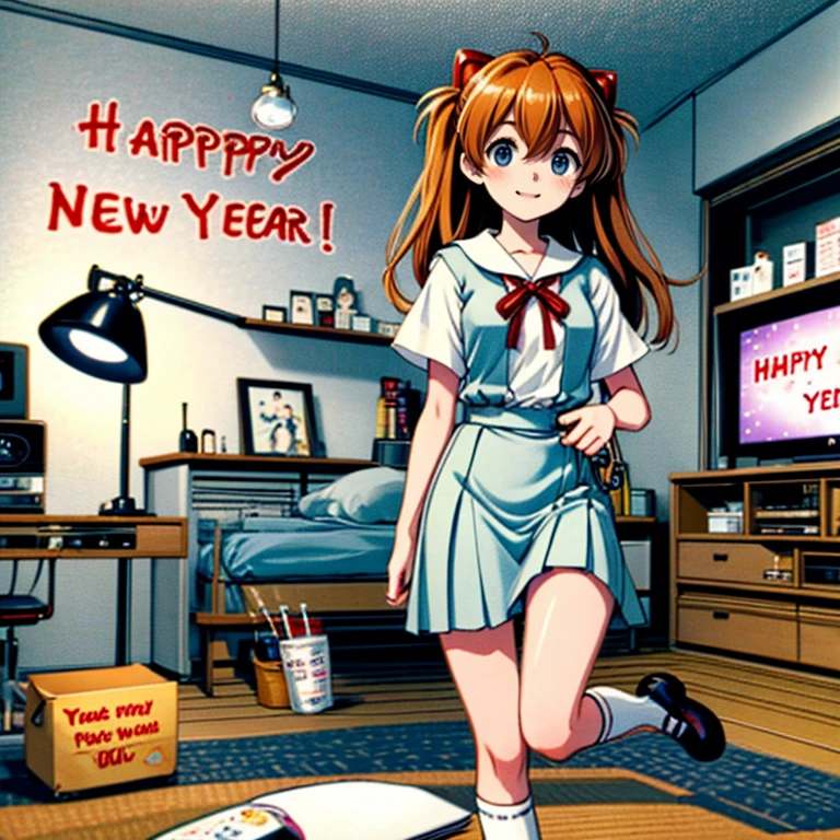 <lora:LCM_LoRA_Weights_SD15:1>,masterpiece,best quality,highly detailed,1girl,solo,light smile,smile,
<lora:AsukaLangleySouryuuV2:1>,souryuu asuka langley,interface headset,suspender skirt,red ribbon,white shirt,school uniform,socks,shoes,
BREAK
<lora:happyNewYear:0.4>,evening,indoors,juice,holding glass,reaching towards viewer,incoming food,book,bookshelf,bottle,cabinet,cable knit,calendar \(object\),lamp,lamppost,refrigerator,remote control,table,bed,cake,(((roomNewYear,holding drink, happy new year exlish text on television in background))),