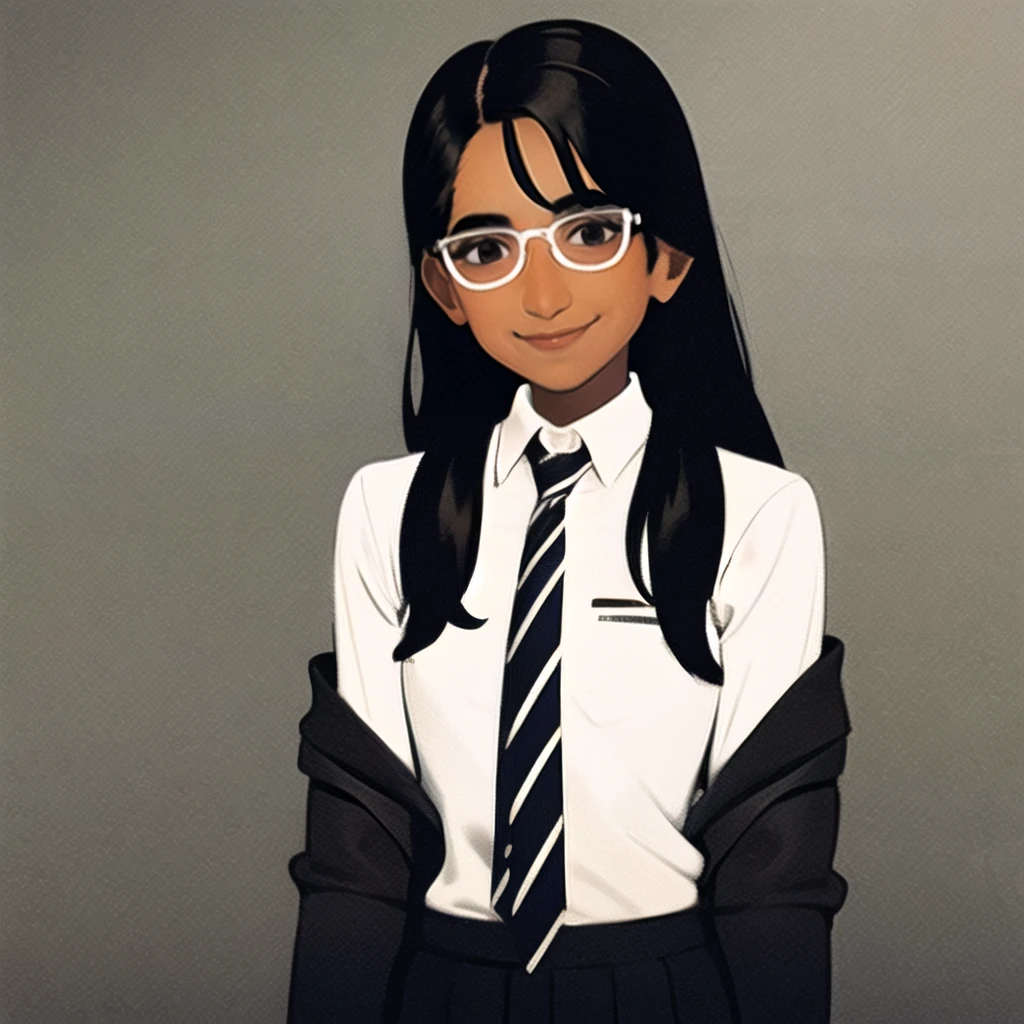 rowankhanna, solo, upper body, long hair, (white shirt, collared shirt), sleeves rolled up, colored necktie, black skirt, striped necktie, medium breasts, looking at viewer, smile, cowboy shot, <lora:RowanKhanna_v1:0.65>