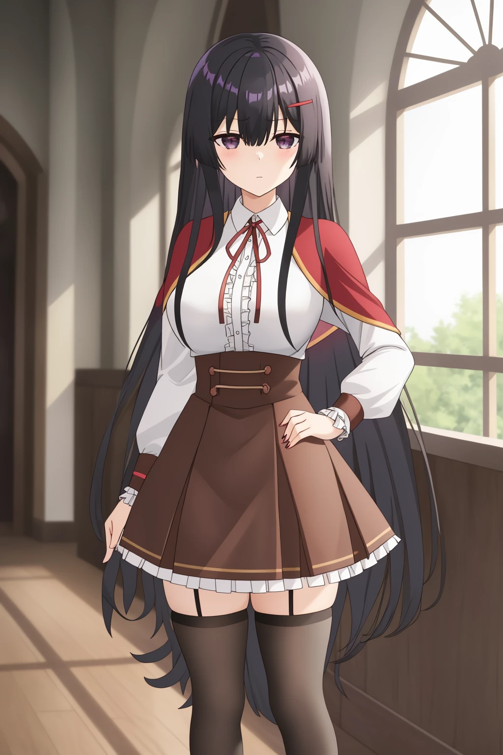yumiella, 1girl, solo, long_hair, breasts, looking_at_viewer, bangs, black_hair, thighhighs, long_sleeves, hair_between_eyes, grey_eyes, very_long_hair, closed_mouth, standing, white_shirt, sidelocks, pleated_skirt, frills, puffy_sleeves, collared_shirt, black_thighhighs, miniskirt, black_eyes, red_ribbon, zettai_ryouiki, dress_shirt, neck_ribbon, capelet, feet_out_of_frame, red_skirt, expressionless, indoor, straight_hair, puffy_long_sleeves, high-waist_skirt, brown_skirt, red_cape, brown_thighhighs, hands_on_hips