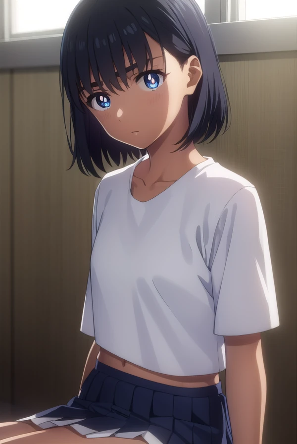 miokofune, <lora:mio kofune s1-lora-nochekaiser:1>,
mio kofune, short hair, blue eyes, black hair, dark skin, dark-skinned female, (bright pupils:1.5),
BREAK skirt, shirt, school uniform, white shirt, short sleeves, pleated skirt, serafuku, socks, blue skirt, white socks,
BREAK indoors, classroom,
BREAK looking at viewer,
BREAK <lyco:GoodHands-beta2:1>, (masterpiece:1.2), best quality, high resolution, unity 8k wallpaper, (illustration:0.8), (beautiful detailed eyes:1.6), extremely detailed face, perfect lighting, extremely detailed CG, (perfect hands, perfect anatomy),
