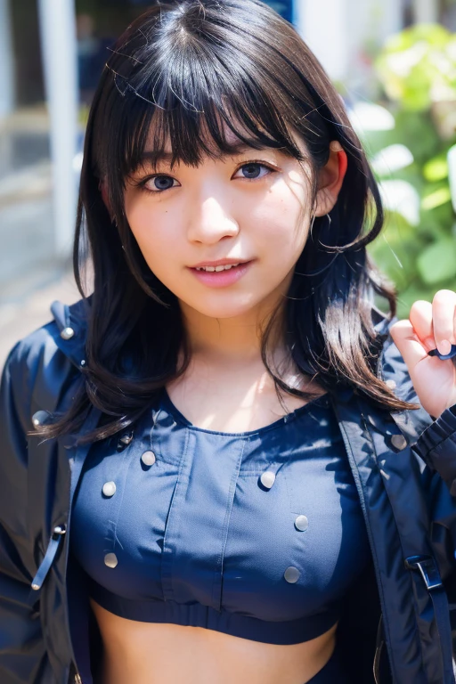 1girl, (wearing a cropped top and parka:1.5),(RAW photo, best quality), (realistic, photo-realistic:1.4), masterpiece, an extremely delicate and beautiful, extremely detailed, 2k wallpaper, Amazing, finely detail, extremely detailed CG unity 8k wallpaper, ultra-detailed, highres, soft light, beautiful detailed girl, extremely detailed eyes and face, beautiful detailed nose, beautiful detailed eyes,cinematic lighting,(in the city:2.2),perfect anatomy,(slender body:1.0),(close-up shot:2.6),(laugh,Friendly , warm:2.0),(looking at viewer:2.2),(young japanese idol:1.8),(wavy long hair:1.8), (brown eyes:1.8),<lora:shindouamane_lora-11:0.8>