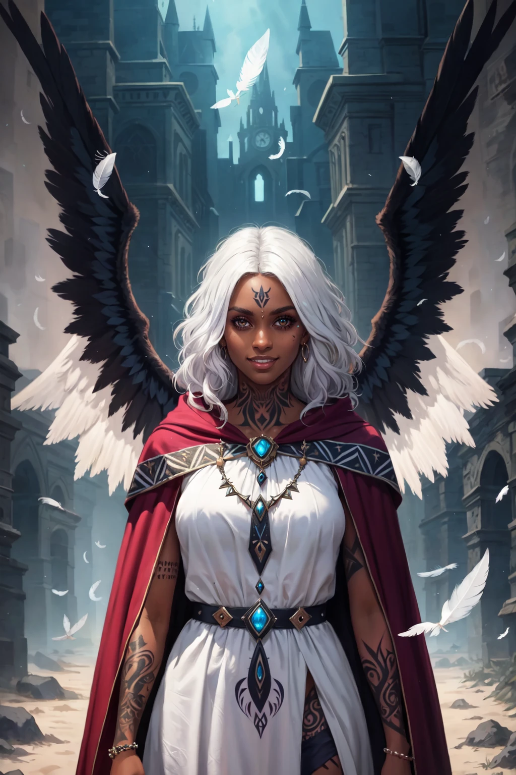 maori, polynesian, pasifika, 1girl, solo, dark skin, dark skinned female, brown eyes, bright eyes, white hair, facial tattoo, wings, glowing, magic, evil grin, chin tattoo, tattoo, feathers falling, robe, cloak, dress, LUT like a movie, outdoors, fantasy painting, extremely detailed, 4 point perspective, vantage point