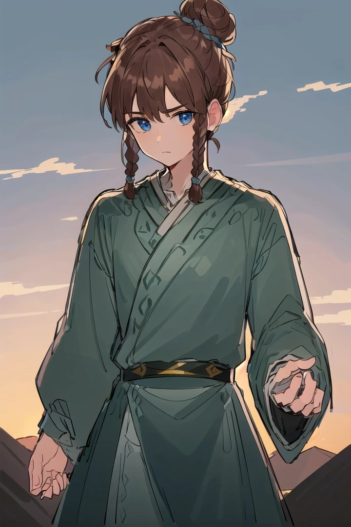1boy, (Highest picture quality), (Master's work), (ultra-detailed), (Detailed eye description:1.2), (masterpiece, best quality, high quality, highres, ultra-detailed), solo, <lora:Hu-Jia:1>, dark blue eyes, brown hair, braids, asymmetrical bangs, (1bunch:1.3), (1bun on top of head:1.3), sunset, field, mountains, flowers, strong wind