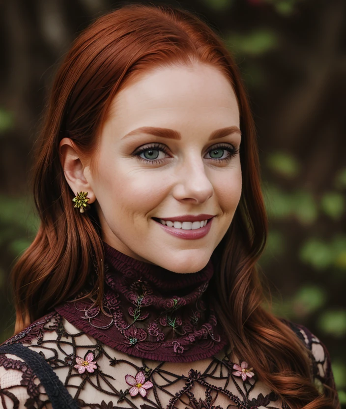 j3nm0,  smile, nature, breast, Turtleneck, lace, intricate, Colorful flowers, ((close portrait))