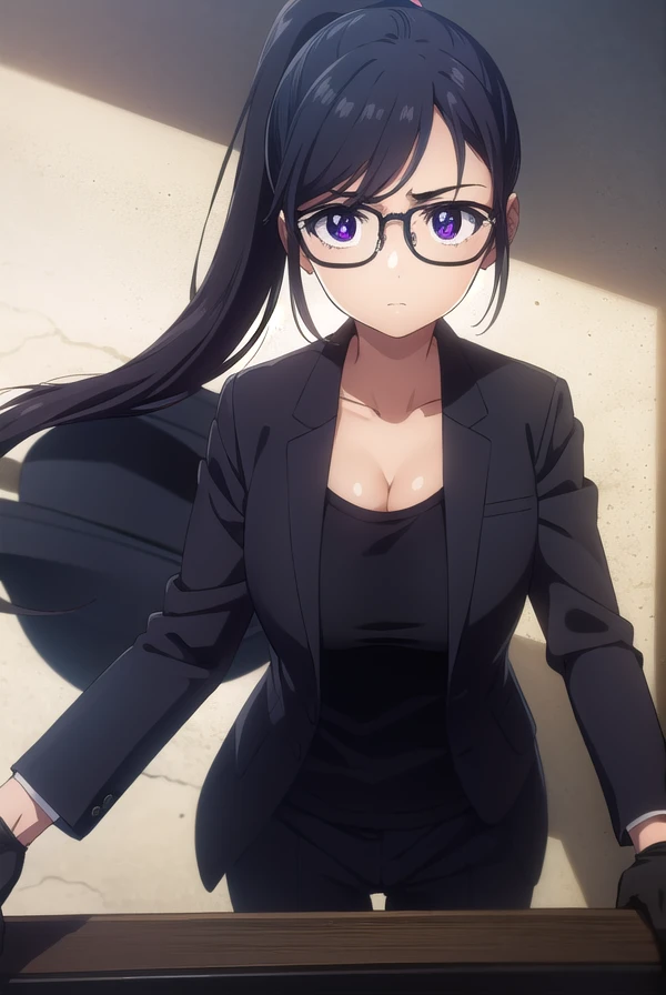 hizuruminakata, <lora:hizuru minakata s1-lora-nochekaiser:1>,
hizuru minakata, long hair, black hair, glasses, (purple eyes:1.1), black-framed eyewear,
BREAK ponytail, shirt, gloves, cleavage, collarbone, jacket, black gloves, pants, black jacket, black shirt, black pants, formal, suit,
BREAK outdoors,
BREAK looking at viewer,
BREAK <lyco:GoodHands-beta2:1>, (masterpiece:1.2), best quality, high resolution, unity 8k wallpaper, (illustration:0.8), (beautiful detailed eyes:1.6), extremely detailed face, perfect lighting, extremely detailed CG, (perfect hands, perfect anatomy),