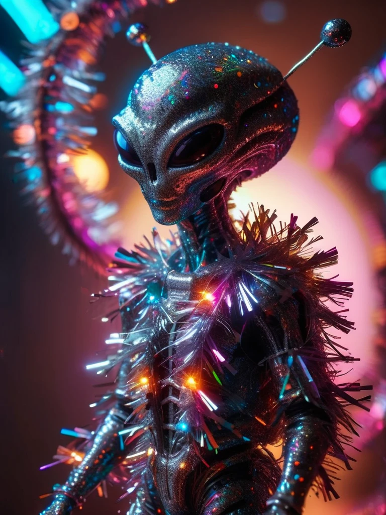 an alien on a futuristic spaceship in neon colors made of ral-tinsel on the surface of planet with smoke and neon lights in cosmic style <lora:ral-tinsel-sdxl:1>