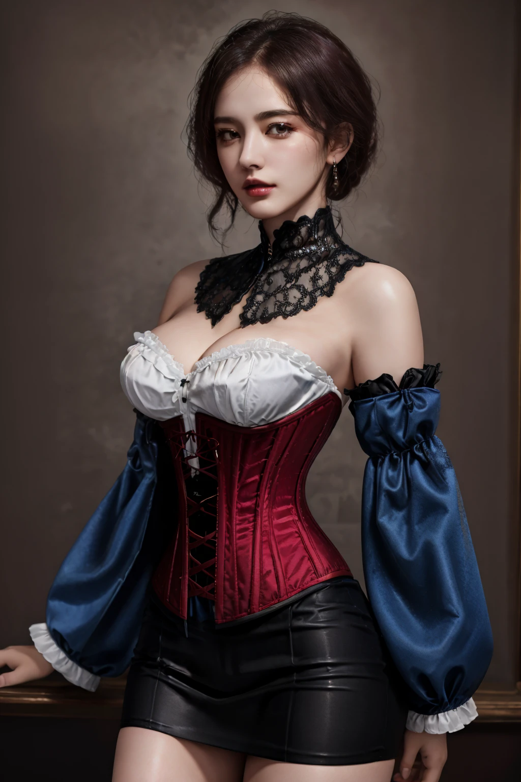((best quality)),absurdres,(ultra high res), a woman in a corset-style mini dress with statement sleeves, posing for picture, perfect female body, extremely detailed, (realistic), (8k), (Masterpiece), (realistic skin texture), <lora:corset:0.83>
