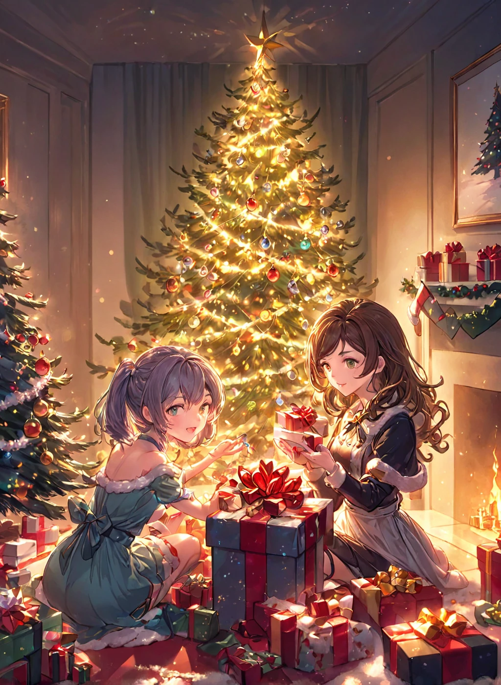 <lora:Granblue_Collection_XL_-_Illustration:1.15> pastel colors, hero opening presents by the christmass tree, (masterpiece), best quality, highres, 4k, 8k, cinematic lighting, amazing quality, amazing shading, soft lighting, Illustration, official artwork, anime style, wallpaper, official art