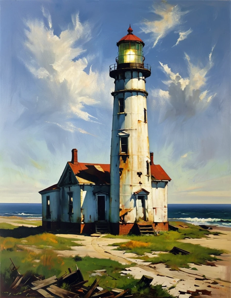 A dilapidated lighthouse, sea breeze, magical realism, reminiscent of the work of Edward Hopper