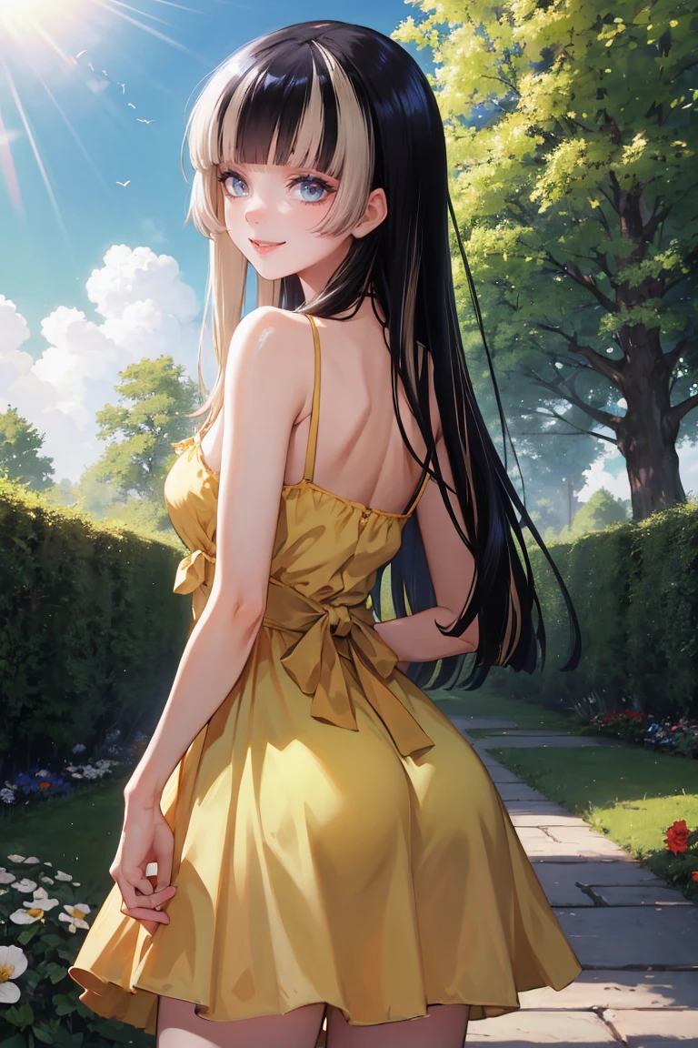 masterpiece, best quality, absurdres, JuufuuteiRaden, from behind, (yellow sundress), garden, day, sunshine, smile, looking back, <lora:JuufuuteiRaden:1>