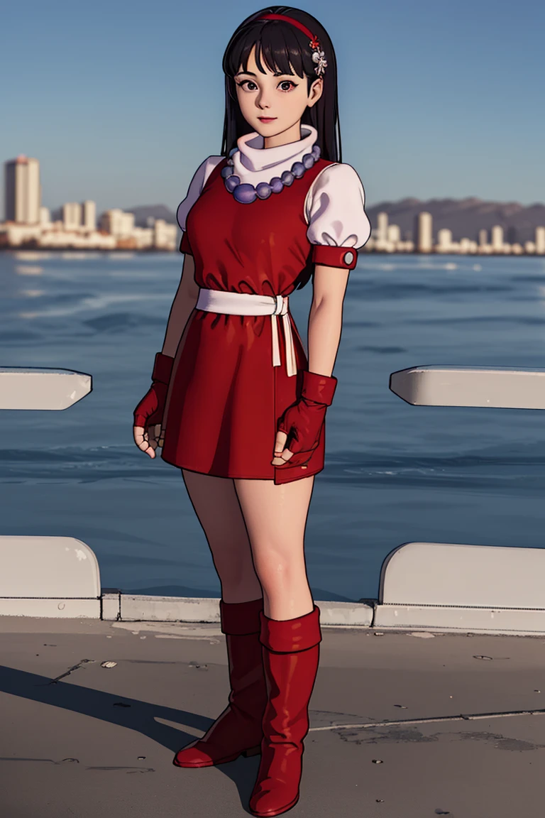 (masterpiece,  best quality:1.2), AthenaKOF96,  1girl,  turtleneck,  balls necklace,  fingerless gloves,  red dress,  short sleeves,  puff sleeves,  belt,  socks,  boots,  ((medium shot)),  at the boardwalk,  perfect face,  perfect picture,  detailed eyes,  sharp focus, , YeiyeiArt,<lora:EMS-79-EMS:0.500000>,<lora:EMS-250988-EMS:1.000000>