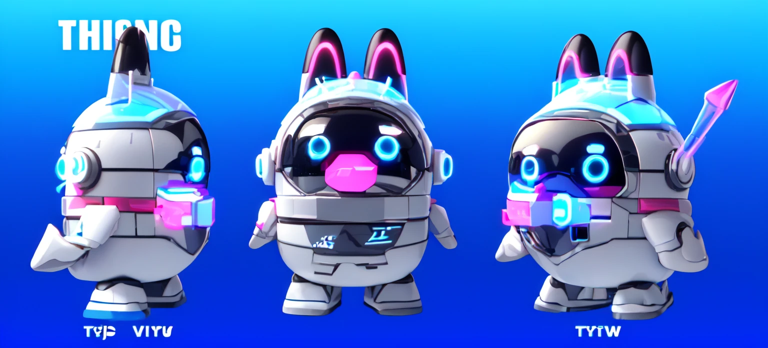 <lora:QmengIP:0.9>,three views,(((DanbooruTAG/animals_types_))), color, composition - art style,QmengIP,three views,a futuristic robot with a futuristic look and a futuristic look, with a futuristic look and a futuristic look, with a futuristic look and feel, Beeple, concept art, dau-al-set, mecha,no humans, robot, english text, gradient background, glowing, gradient, animal ears, non-humanoid robot, science fiction, multiple views, fake animal ears, screen, halo, blue background, mecha