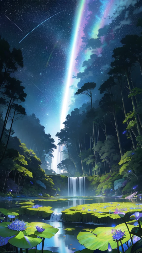 A panoramic view of a vast and lush forest under a starry night sky. The foreground features a tranquil pond with sparkling reflections, surrounded by vibrant ferns and wildflowers. In the distance, a majestic waterfall cascades down a steep cliff, creating a mesmerizing spectacle of mist and rainbows. The trees are adorned with intricate patterns of bioluminescent fungi, casting an ethereal glow upon the surroundings. A sense of awe and wonder permeates the atmosphere as shooting stars streak across the starry expanse above.