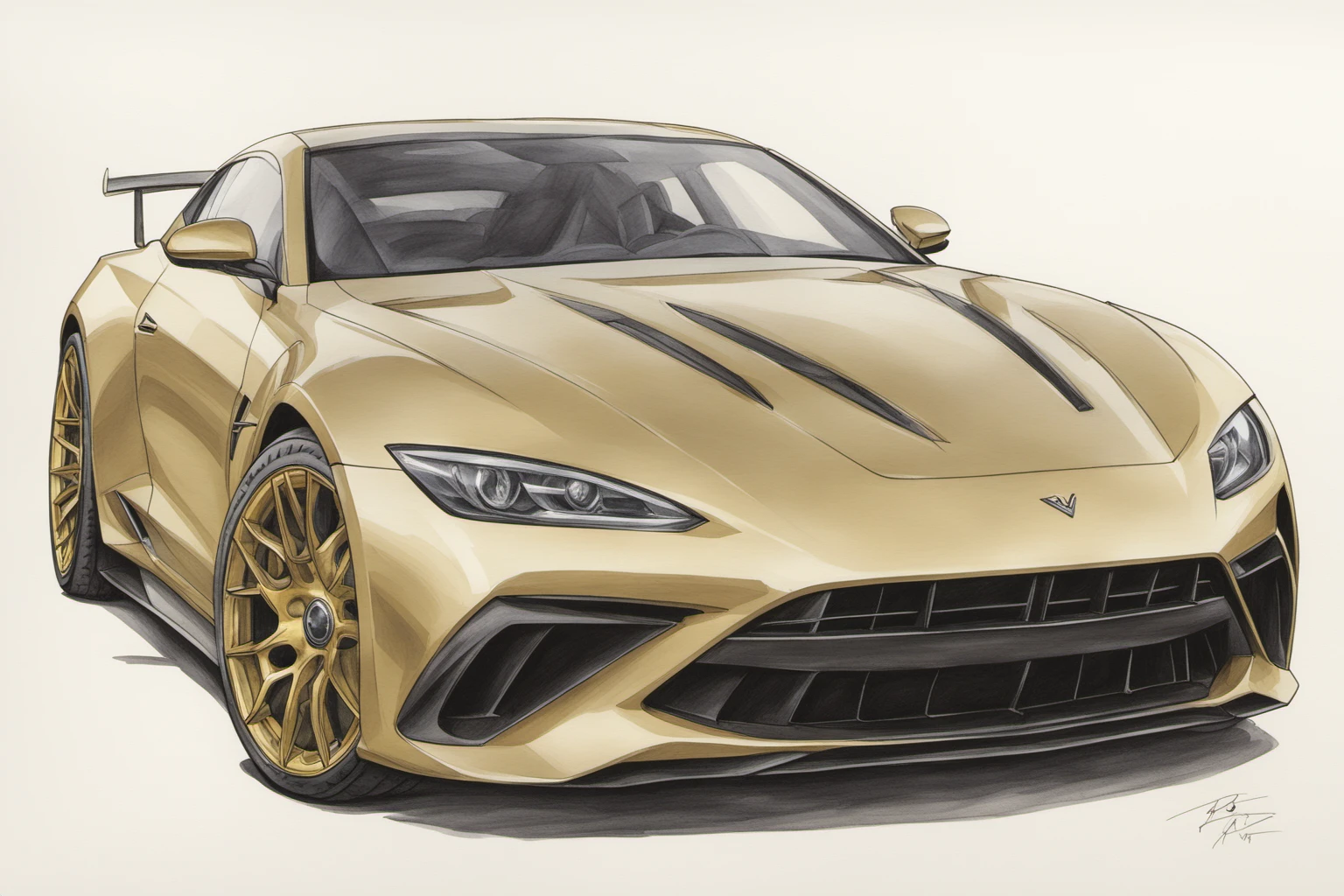 colored marker rendering of a sports car, concept art, sporty, fast, high performance, ((gold)), ((symmetric design)), crisp lines, sketch, illustration, illustrative, marker drawing, expressive strokes, graphic, sharp, crisp, in-focus, uncropped, high-quality <lora:MercedesAGTGTCoupe:.8>