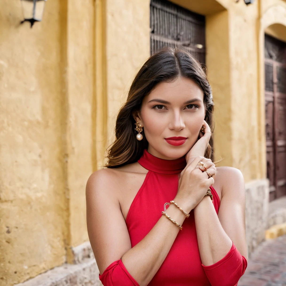 cinematic film still upper body shot of an (curvy:0.1) (busty:0.1) ohwx woman classic half-updp hair posing in a
Red mock neck dress Stacked bracelets High neck keeps attention on face and fit without revealing chest
Cartagena Old Town â Historic walled city Colonial architecture Busy plazas and squares Warm toning on buildings
in style of Steve McCurry Canon EOS 5D Mark IV 24-70mm f/2.8 1/125s 400 Natural light, reflectors <lora:Jessica Valero_SDXL_v1.0b:1> . shallow depth of field, vignette, highly detailed, high budget, bokeh, cinemascope, moody, epic, gorgeous, film grain, grainy
