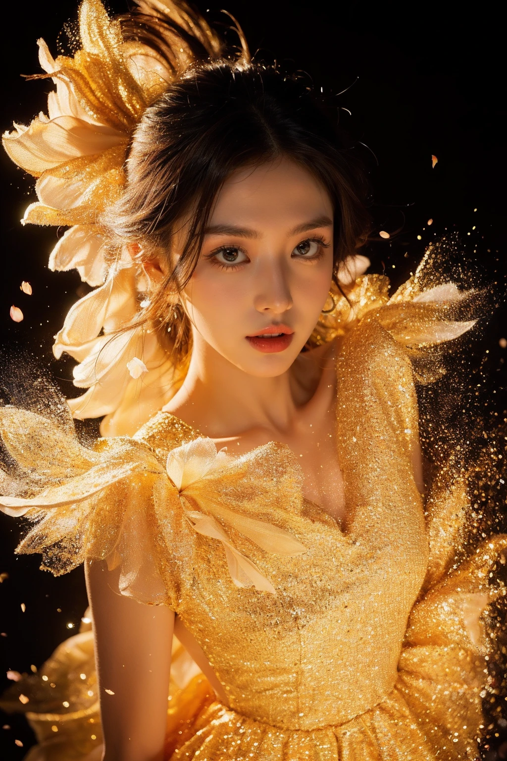 (1girl:1.1),stars in the eyes,(pure girl:1.1),(full body:0.6),There are many scattered luminous petals,contour deepening,white_background,cinematic angle,gold powder,<lora:jin_20231226224140-000003:0.7>,