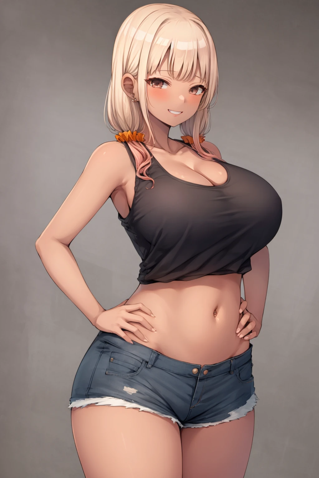 masterpiece, best quality, alecookie, 1girl, sugisakiemma, blonde hair, long hair, bangs, twintails, pink hair, hair scrunchie, brown eyes, blush, cleavage, dark skin, tank top, midriff, navel, denim short shorts, earrings, gyaru, large breasts, smile, hands on hips, looking at viewer, solo, simple background <lora:SugisakiEmma:1>