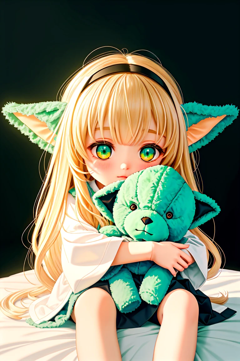 yoda holding stuffed teddy bear toy in dark room with light , V3rh03v3n