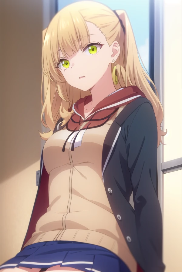 mikenekotani, <lora:mike nekotani s1-lora-nochekaiser:1>,
mike nekotani, long hair, bangs, blonde hair, (green eyes:1.3), fang, two side up,
BREAK skirt, jewelry, jacket, earrings, open clothes, hood, miniskirt, black skirt, blue skirt, hoodie, cardigan, open cardigan,
BREAK indoors, classroom,
BREAK looking at viewer,
BREAK <lyco:GoodHands-beta2:1>, (masterpiece:1.2), best quality, high resolution, unity 8k wallpaper, (illustration:0.8), (beautiful detailed eyes:1.6), extremely detailed face, perfect lighting, extremely detailed CG, (perfect hands, perfect anatomy),
