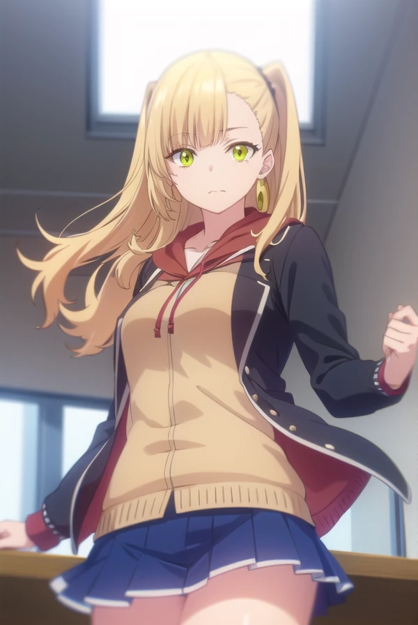 mikenekotani, <lora:mike nekotani s1-lora-nochekaiser:1>,
mike nekotani, long hair, bangs, blonde hair, (green eyes:1.3), fang, two side up,
BREAK skirt, jewelry, jacket, earrings, open clothes, hood, miniskirt, black skirt, blue skirt, hoodie, cardigan, open cardigan,
BREAK indoors, classroom,
BREAK looking at viewer,
BREAK <lyco:GoodHands-beta2:1>, (masterpiece:1.2), best quality, high resolution, unity 8k wallpaper, (illustration:0.8), (beautiful detailed eyes:1.6), extremely detailed face, perfect lighting, extremely detailed CG, (perfect hands, perfect anatomy),