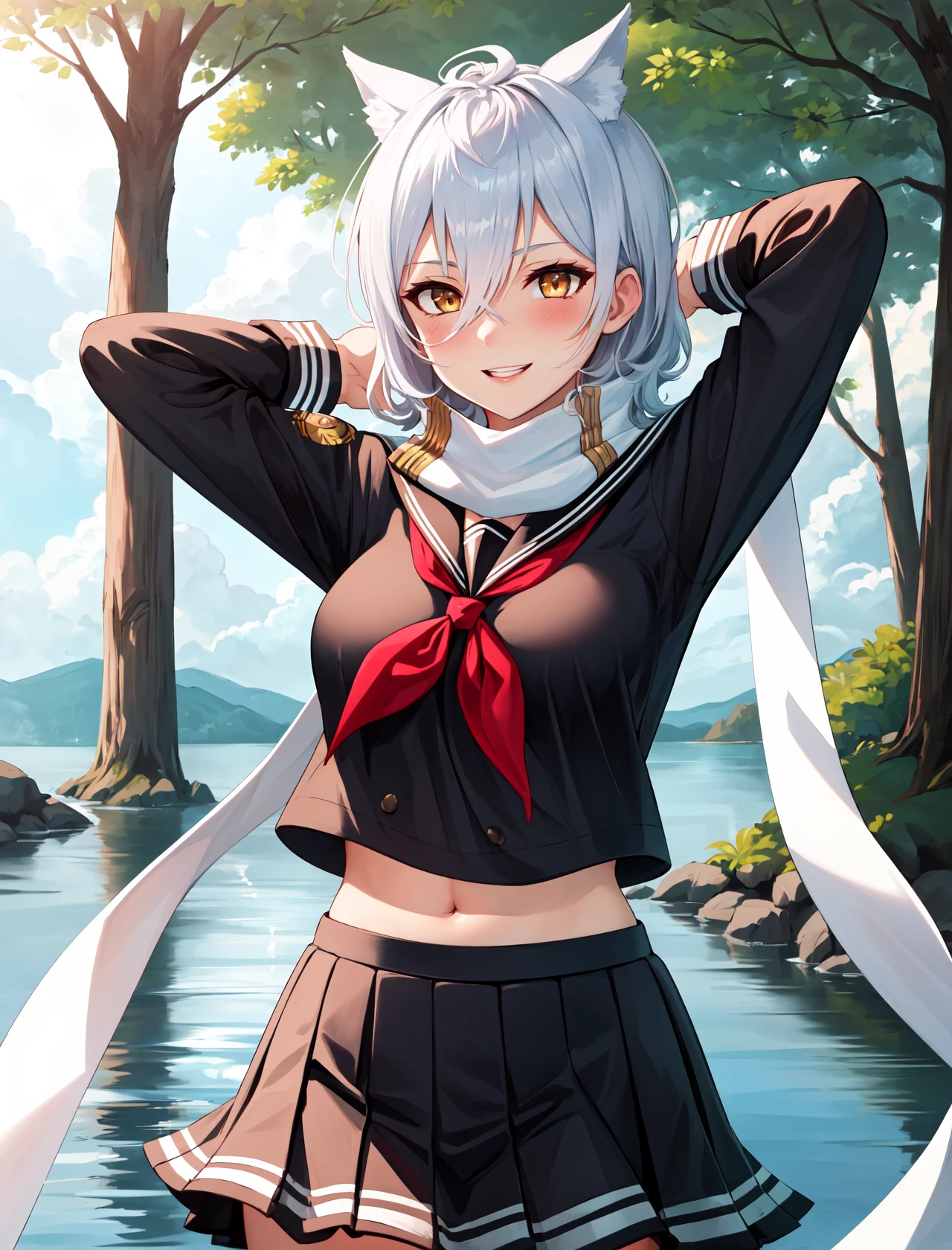 masterpiece, best quality, highres,
mayadef, 1girl, solo, scarf, short hair, animal ears, white scarf, school uniform, serafuku, hair between eyes, long sleeves, neckerchief, black serafuku, skirt, pleated skirt, red neckerchief, shirt, black skirt, bangs, black shirt, yellow eyes, white hair, sailor collar, large breasts, breasts,
<lora:LoRA_Maya:1>, forest, sunlight, cloudy, arms behind head, laughing, blush, cowboy shot, looking at viewer, maya \(azur lane\),