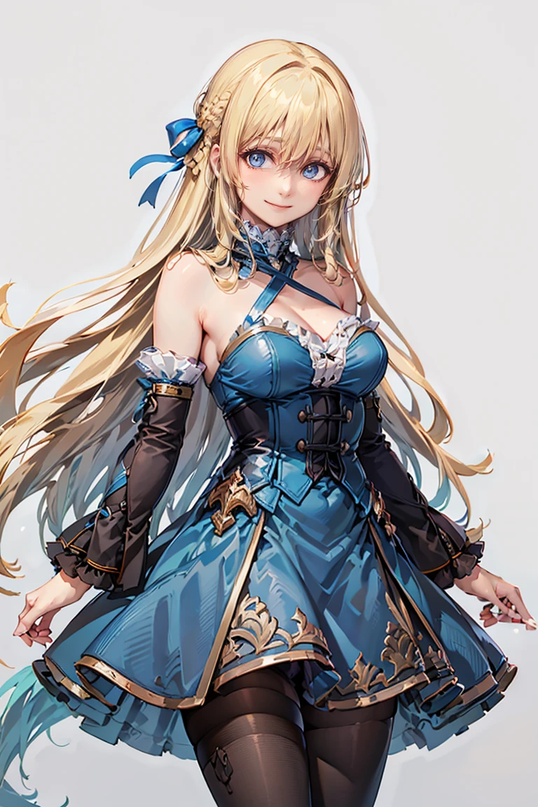((masterpiece,best quality)), absurdres,
<lora:Marina_Lucce_Maxetto_OC:0.8>, Marina_Lucce_Maxetto_OC, 1girl, solo, blonde, very long hair, french braid,
hair ribbon, frilled choker, criss-cross halter, sleeveless dress, high-waist skirt, backless dress, waist bow, detached sleeves, frilled sleeves, wide sleeves, pantyhose, patterned legwear, mary janes
solo, smiling, looking at viewer, cowboy shot,