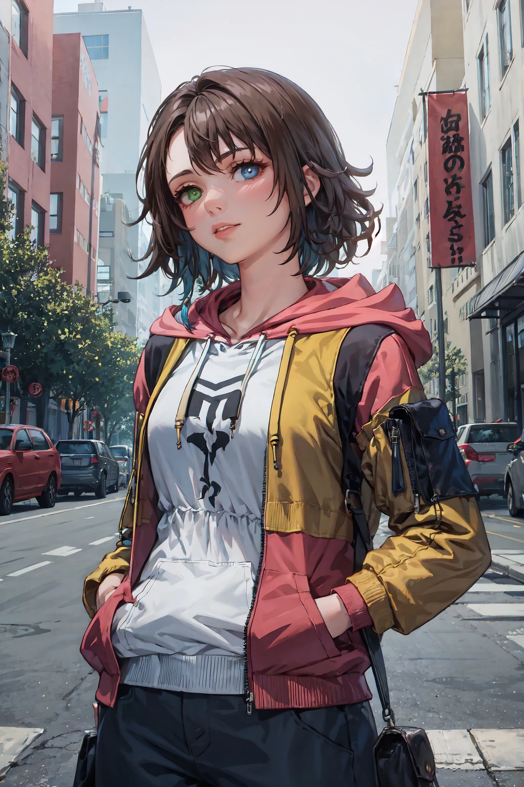 1girl, YunaX, heterochromia, <lora:YunaV3:1>, hoodie, black hoodie, hood down, street, outdoors, hands in pockets,