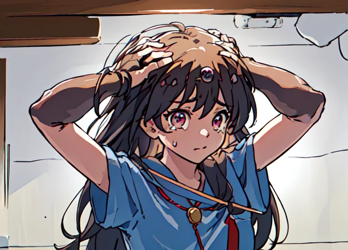 <lora:ki:0.8>,ki,masterpiece,best quality,super fine illustration,arms_behind_head,i hit my head against the ceiling,tears,squat,