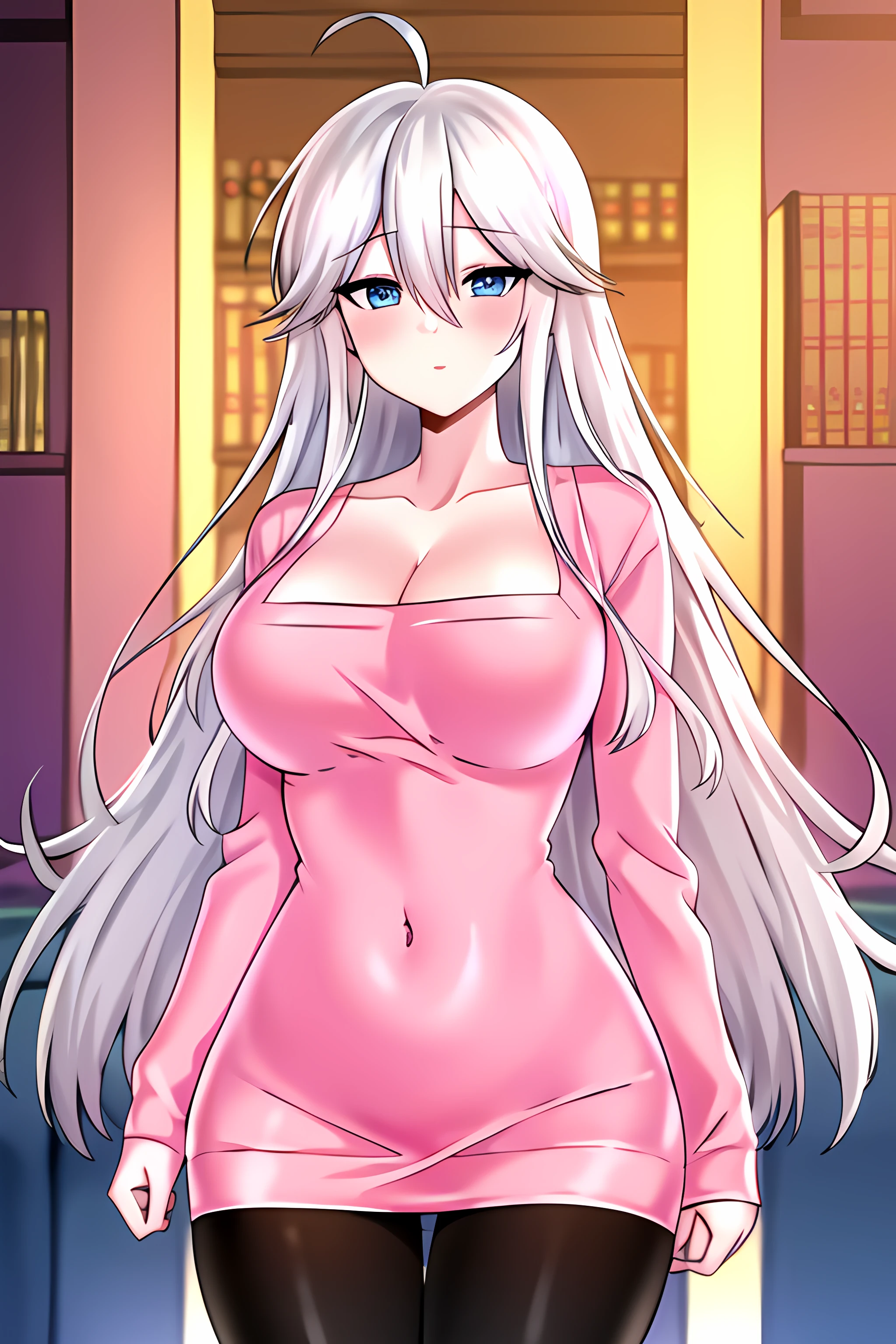 Cute little anime going for a walk with a revealing white dress, small, white dress, tight panties, white hair, uncomfortable smile, see through dress, tiny erect nipples, hard nipples, cameltoe, bimbo,