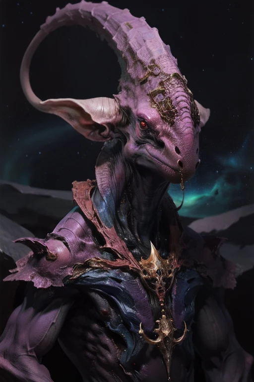 inem,the upper part of the body,Humanoid monster,<lora:Humanoid monster A:1.45>,(no humans:1.1),purple,cow,horn,(starry_sky:1.1),