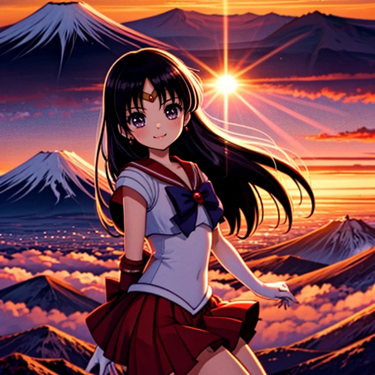 <lora:LCM_LoRA_Weights_SD15:1>,masterpiece,best quality,highly detailed,1girl,solo,light smile,smile,
<lora:sailor_mars_v1:1>, sama1, tiara, sailor senshi uniform, white gloves, red sailor collar, red skirt,
BREAK
<lora:happyNewYear:0.4>,firstSunrise,outdoors,mountainous horizon,sunset,sunlight,city,ocean,sunrise on mount fuji,from below,