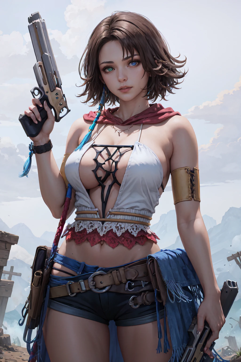 YunaX2, heterochromia, cleavage, black shorts, skirt, large breasts, <lora:YunaV3:0.9>, cowboy shot, dual wielding, weapon, gun, holding gun,