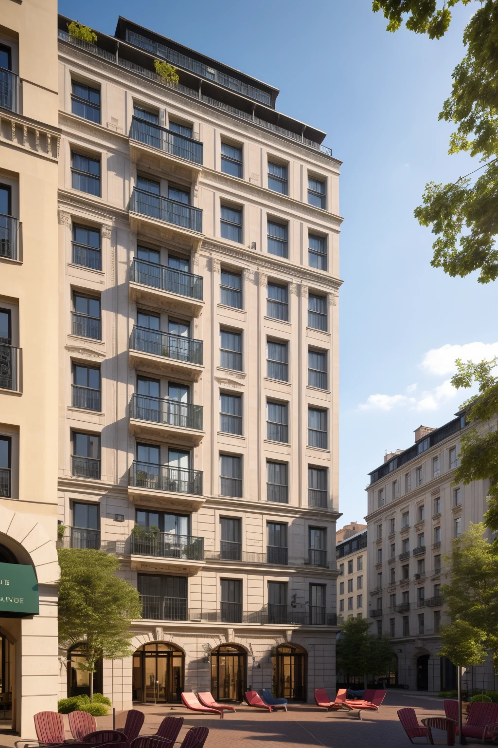 <lora:JJsBuilding_Apartment_V2:.7>, masterpiece , best quality, ((Apartment)),
outdoors, sky, day, cloud, tree, blue sky, ground vehicle, building, scenery, road, lamppost, real world location, bench, lounge chair, balcony, door,entrance,ivy, beam,column, window, traffic light,garden,
, lots of trees, sunlight, public blocks,daytime, mountains, public squares, various building facades, lively city streets, enough detail, high resolution, 8k, HD, super realistic, Photorealistic, highly detailed, plaza, <lora:add_detail:-0.2>