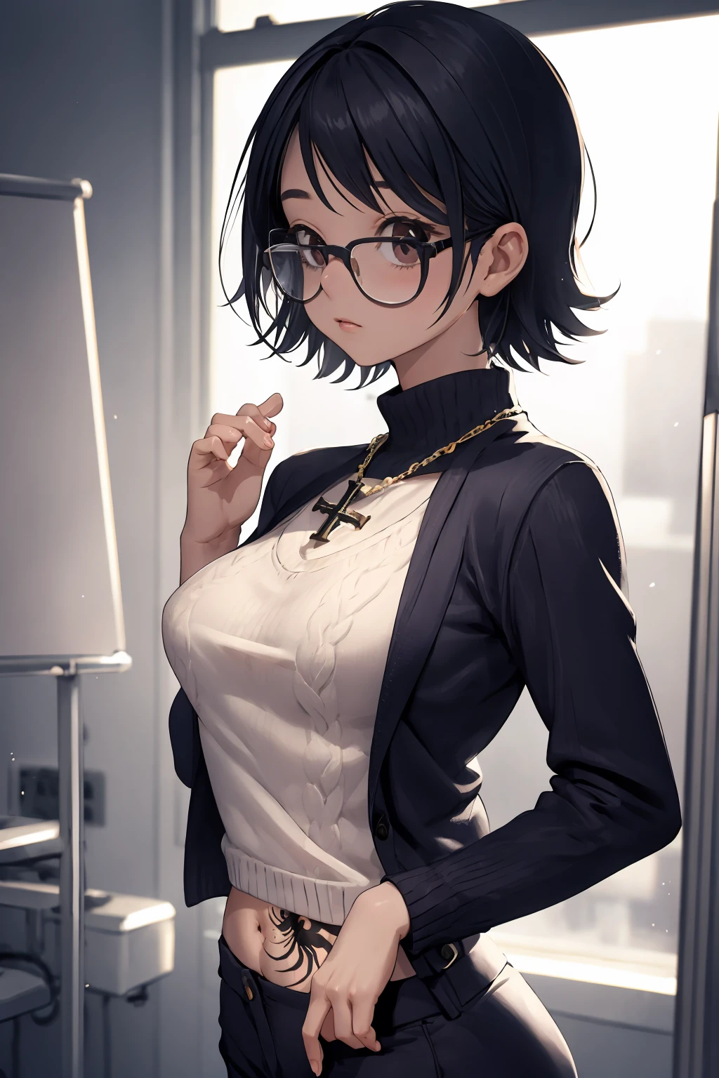 ((masterpiece)),best quality,((perfect face)),(super detailed),sharp focus,(beautiful),adult,(best quality),depth of field,rich in details and textures,shiny skin,light particles,lens flare,Fine dust reflected in light, Amazing, finely detail, 1girls, EPShizuku, solo, round_eyewear, medium_breasts, looking at viewer,upper body, tattoo, inverted_cross, necklace, <lora:EPShizuku-10:0.7>,
BREAK
Aran sweater blazer worn over a blouse and tailored shorts with loafers, bust chart, hospital, night, arm support, shy, blush