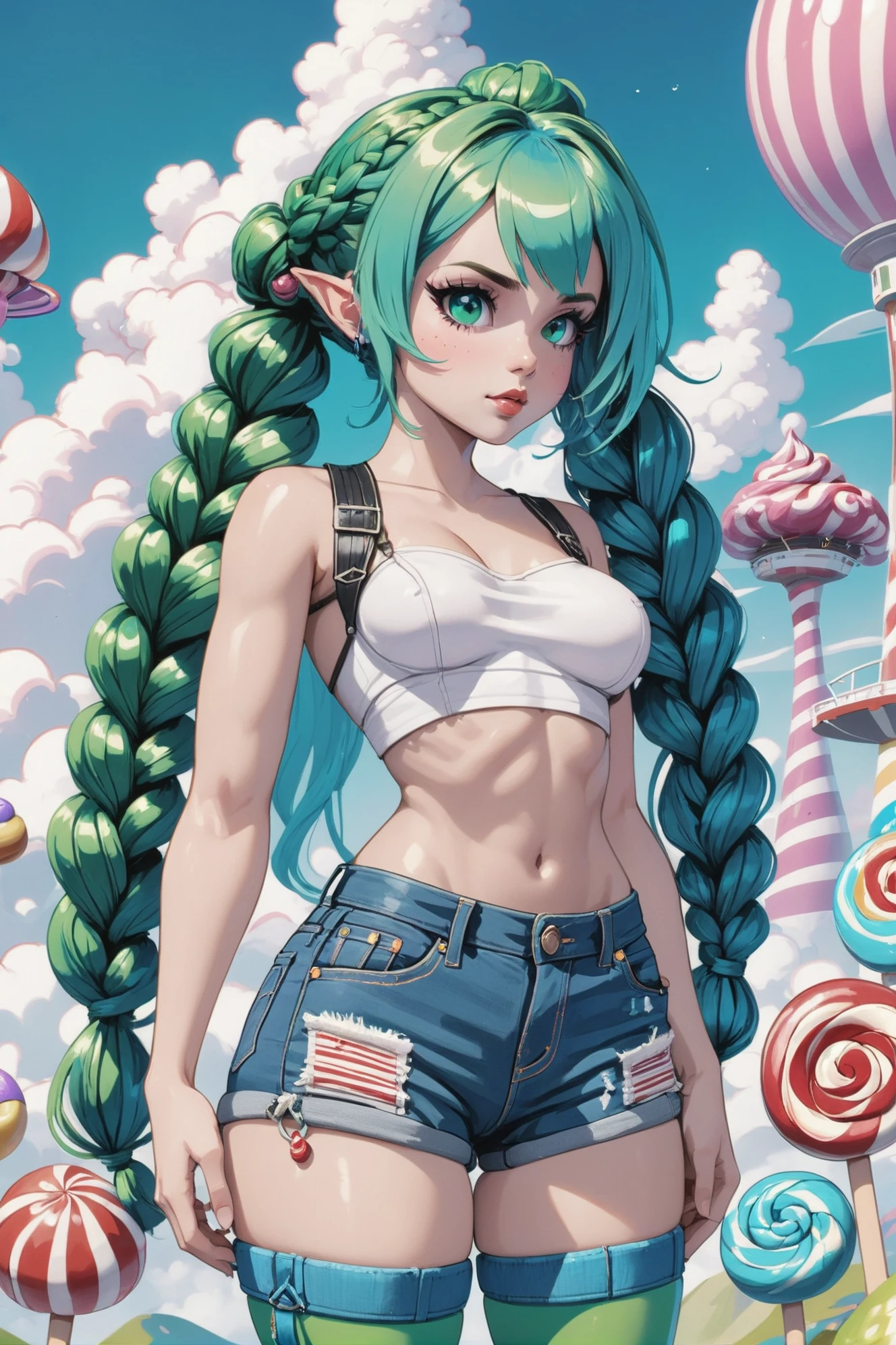 1girl, woman, pastel punk sweet girl, [:colorful, intricate costume design,:0.2], punk hair, azure hair with blue-green highlights, low-braided long hair,Deep Side Part, denim shorts, bombshell hair, green hair, Double Waterfall Braid,ahoge, slim figure, narrow waist, tight ass, small breasts, caucasian, (noon, blue sky, clouds, scenery, weird Retro-Futurism Whimsical candy land:1.3)<lora:EnvyHourglassFigureXL01:1>