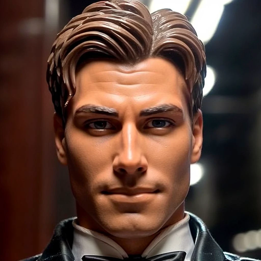 face portrait of maxsteel person using a tuxedo, in blade runner, professional photography, high resolution, 4k, detailed photo, <lora:maxsteel_52650:1>