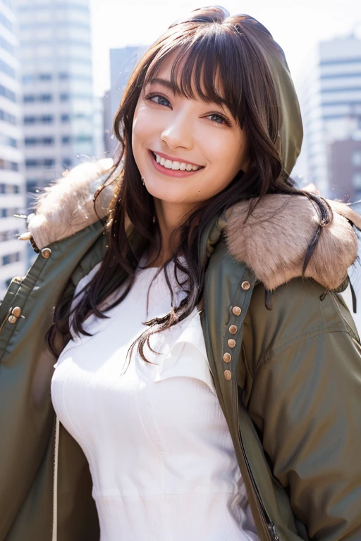 1girl, (wearing a cropped top and parka:1.5),(RAW photo, best quality), (realistic, photo-realistic:1.4), masterpiece, an extremely delicate and beautiful, extremely detailed, 2k wallpaper, Amazing, finely detail, extremely detailed CG unity 8k wallpaper, ultra-detailed, highres, soft light, beautiful detailed girl, extremely detailed eyes and face, beautiful detailed nose, beautiful detailed eyes,cinematic lighting,(in the city:2.2),perfect anatomy,(slender body:1.0),(close up face:2.0),(gentle laugh,Friendly , warm:2.0),(looking at viewer:2.2),(young japanese idol:1.8),(wavy long hair:1.8), (brown eyes:1.8),(walking:2.0), (hands in pockets:1.8),(cleavage:1.6), <lora:kounomarika_lora-10:0.8>
