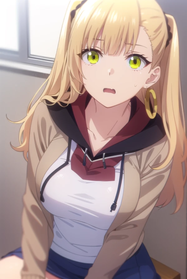 mikenekotani, <lora:mike nekotani s1-lora-nochekaiser:1>,
mike nekotani, long hair, bangs, blonde hair, (green eyes:1.3), fang, two side up,
BREAK skirt, jewelry, jacket, earrings, open clothes, hood, miniskirt, black skirt, blue skirt, hoodie, cardigan, open cardigan,
BREAK indoors, classroom,
BREAK looking at viewer,
BREAK <lyco:GoodHands-beta2:1>, (masterpiece:1.2), best quality, high resolution, unity 8k wallpaper, (illustration:0.8), (beautiful detailed eyes:1.6), extremely detailed face, perfect lighting, extremely detailed CG, (perfect hands, perfect anatomy),
