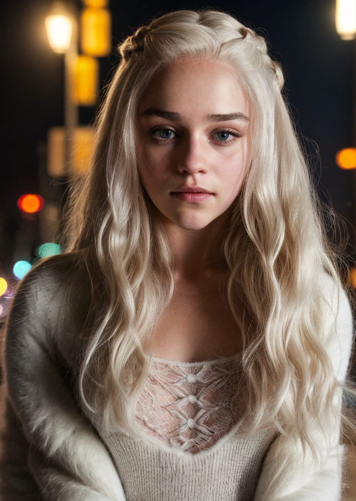 <lora:emlclrk2-24:1> a photo of emlclrk2, wearing sweater,long wavy hair,white hair,canon powershot,looking at viewer,extreme close-up,city street,night,neon lights,masterpiece,highly detailed,8k,bokeh,extreme dof,soft lighting <lora:add_detail:1> (add_detail:1.3)