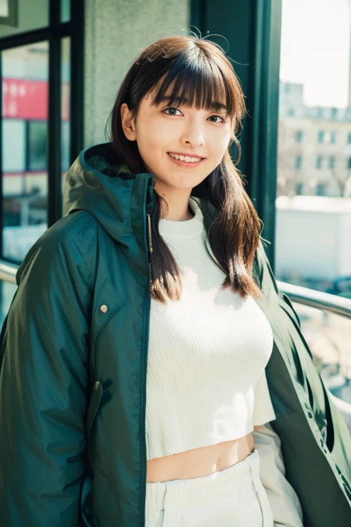 1girl, (wearing a cropped top and parka:1.6),(RAW photo, best quality), (realistic, photo-realistic:1.4), masterpiece, an extremely delicate and beautiful, extremely detailed, 2k wallpaper, Amazing, finely detail, extremely detailed CG unity 8k wallpaper, ultra-detailed, highres, soft light, beautiful detailed girl, extremely detailed eyes and face, beautiful detailed nose, beautiful detailed eyes,cinematic lighting,(in the city:2.2),perfect anatomy,(slender body:1.0),(close up face:2.0),(gentle laugh,Friendly , warm:2.0),(looking at viewer:2.2),(young japanese idol:1.8),(wavy long hair:1.8), (brown eyes:1.8),(walking:2.0), (hands in pockets:1.8), <lora:sashidemaria_lora-10:0.8>