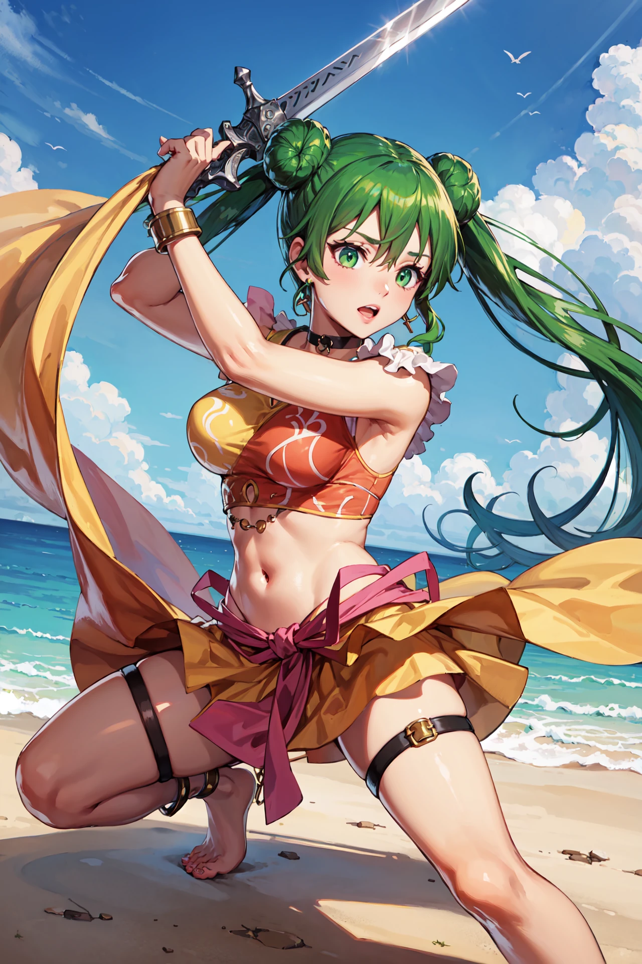 holding sword, fighting stance, <lora:silviaV1:0.8>,silvia,anklet, barefoot, jewelry,double bun, navel, midriff, bracelet, earrings, skirt,choker, thigh strap, thighlet, crop top, shawl , outdoors,(masterpiece, best quality, ultra-detailed, best shadow)