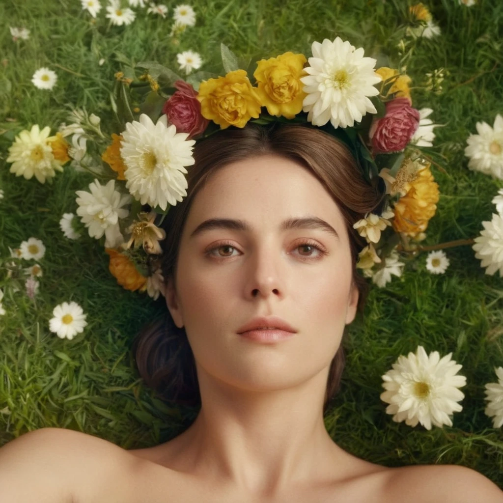 Hyperrealistic art of <lora:Kodak Motion Picture Film Style:1.2>
An Oscar winning movie for Best Cinematography a woman with a flower crown on her head lying on ground floor field garden while looking at camera from above Kodak Motion Picture Film Style, Extremely high-resolution details, photographic, realism pushed to extreme, fine texture, incredibly lifelike