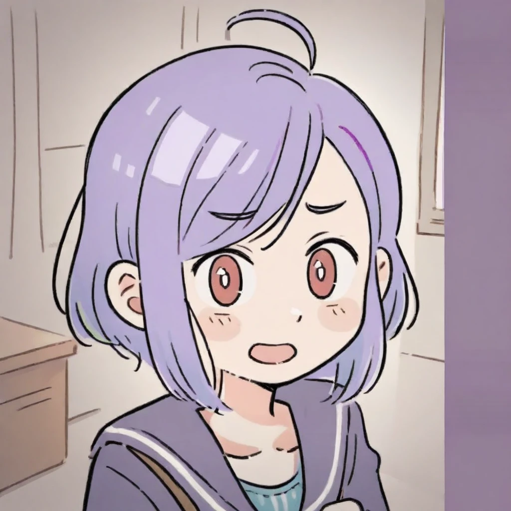 The image depicts a cartoon-style character with purple hair at school <lora:tw_hgame:0.65>