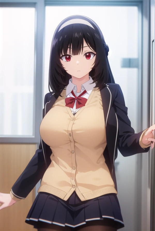 kareninukai, <lora:karen inukai s1-lora-nochekaiser:1>,
karen inukai, long hair, black hair, (red eyes:1.3),
BREAK skirt, school uniform, pleated skirt, hairband, black pantyhose, cardigan, white hairband,
BREAK indoors, classroom,
BREAK looking at viewer,
BREAK <lyco:GoodHands-beta2:1>, (masterpiece:1.2), best quality, high resolution, unity 8k wallpaper, (illustration:0.8), (beautiful detailed eyes:1.6), extremely detailed face, perfect lighting, extremely detailed CG, (perfect hands, perfect anatomy),