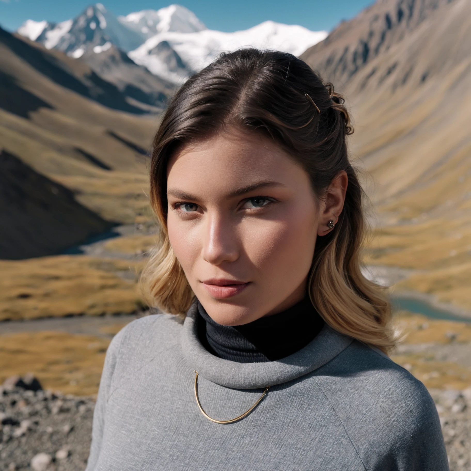 cinematic film still upper body shot of an (curvy:0.1) (busty:0.1) ohwx woman classic half-updp hair posing in a
Grey funnel neck dress Stacked rings Funnel collar frames face naturally in a conservative yet flattering style
Los Nevados National Park â Partial - high altitude Andean paramo and glaciers Dramatic mountain peaks Alpine scenery and lakes Crisp and clear
in style of Steve McCurry Canon EOS 5D Mark IV 24-70mm f/2.8 1/125s 400 Natural light, reflectors <lora:Jessica Valero_SDXL_v1.0b:1> . shallow depth of field, vignette, highly detailed, high budget, bokeh, cinemascope, moody, epic, gorgeous, film grain, grainy