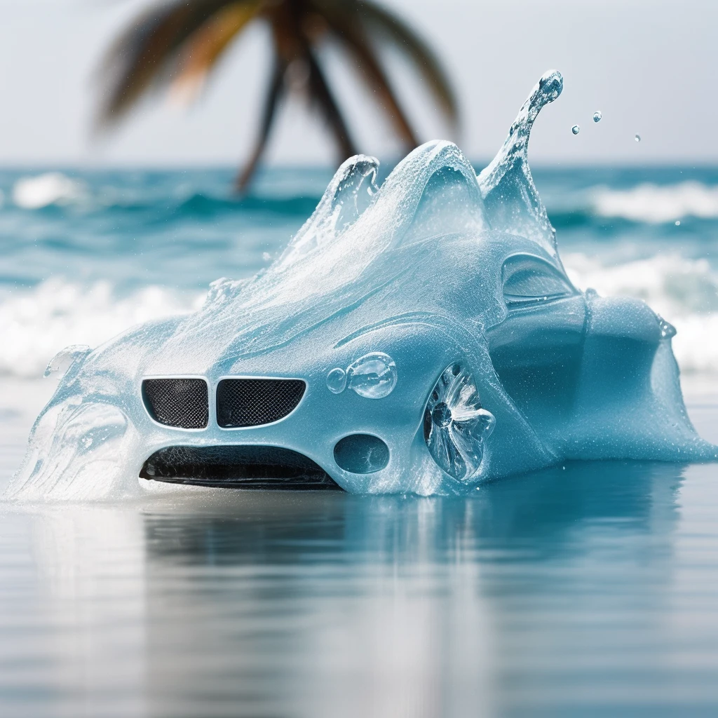 entirely made of water a car made of water, studio shot,water splashes,ocean waves splashes,depth of field, macro photo dreamy bokeh