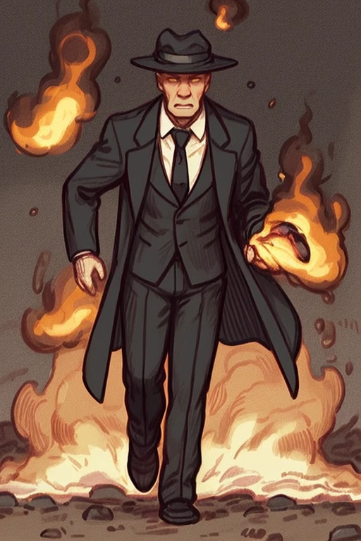 1boy, solo, walk, male focus, necktie, coat, formal, suit, black coat, black necktie, shirt, collared shirt, old, long sleeves, white shirt, pants, explosion on background,  fire, hat,man, yellow background, grey hair