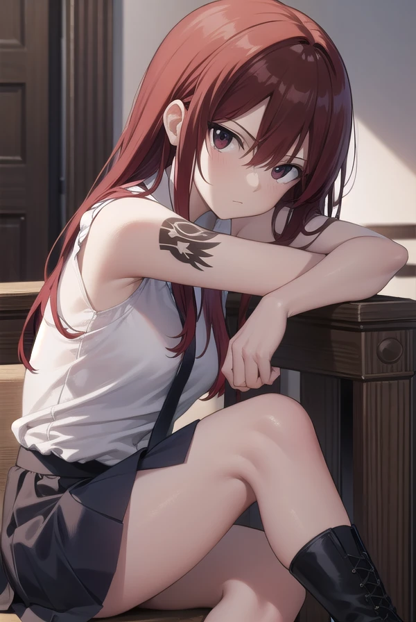 erzascarlet, <lora:erza scarlet v2-lora-nochekaiser:1>,
erza scarlet, long hair, (red hair:1.5), hair between eyes, (brown eyes:1.7),
BREAK skirt, shirt, bow, boots, sleeveless, sleeveless shirt, tattoo, white shirt, frills,
BREAK indoors, guild, bar,
BREAK looking at viewer,
BREAK <lyco:GoodHands-beta2:1>, (masterpiece:1.2), best quality, high resolution, unity 8k wallpaper, (illustration:0.8), (beautiful detailed eyes:1.6), extremely detailed face, perfect lighting, extremely detailed CG, (perfect hands, perfect anatomy),