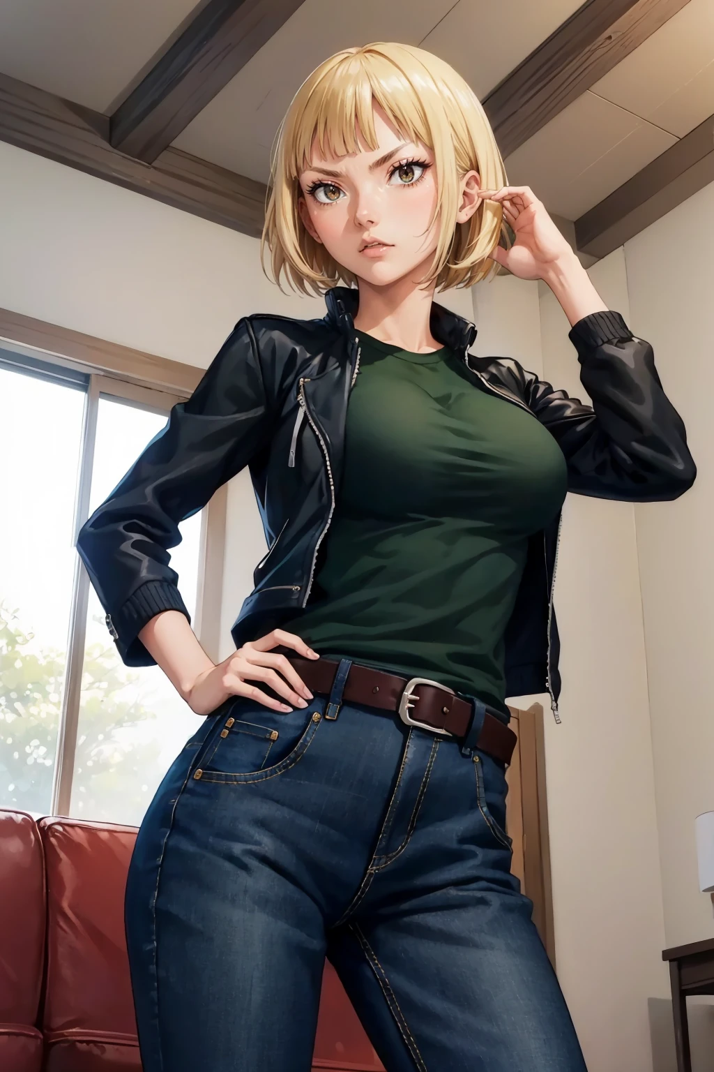 masterpiece, best quality, <lora:tanakasaeko-nvwls-v1-000009:0.8> tanaka saeko, black jacket, green shirt, belt, jeans, large breasts, furrowed brow, looking at viewer, living room, cowboy shot, from below, hand to hip, hand up